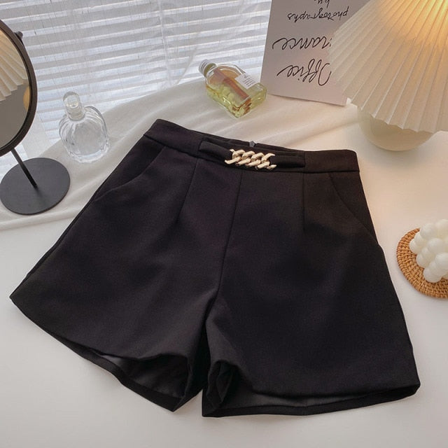 Casual Comfortable Elegant Shorts With Belt Women's Woolen Shorts-Shorts-Arimonz-Black-S-Arimonz