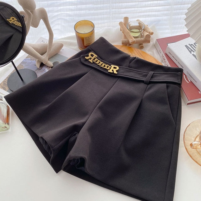Casual Comfortable Elegant Shorts With Belt Women's Woolen Shorts-Shorts-Arimonz-Black side Chain-S-Arimonz