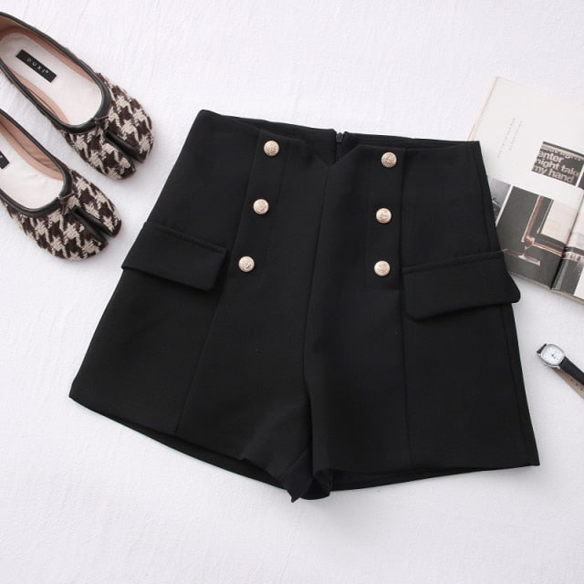 Casual Comfortable Elegant Shorts With Belt Women's Woolen Shorts-Shorts-Arimonz-Black with Button-S-Arimonz