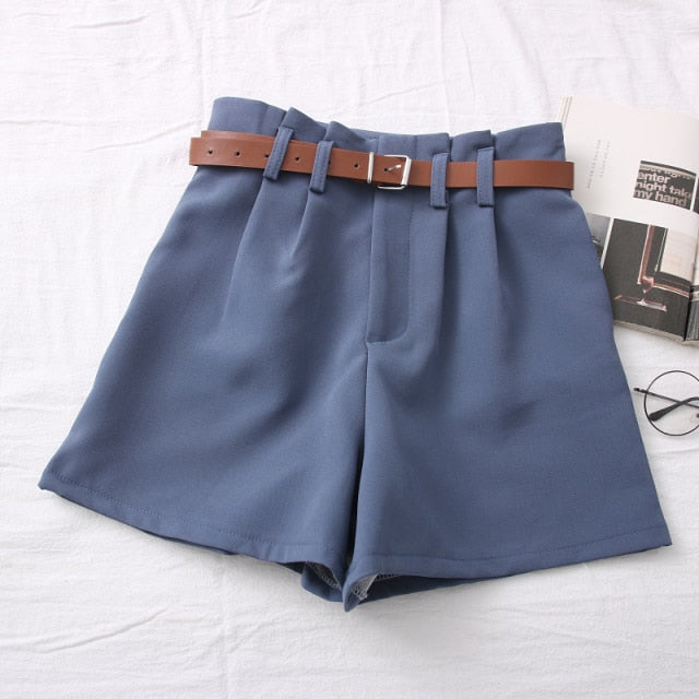 Casual Comfortable Elegant Shorts With Belt Women's Woolen Shorts-Shorts-Arimonz-Blue Brown Belt-S-Arimonz