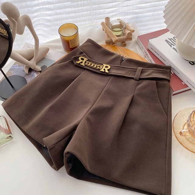 Casual Comfortable Elegant Shorts With Belt Women's Woolen Shorts-Shorts-Arimonz-Brown side Chain-S-Arimonz