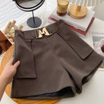 Casual Comfortable Elegant Shorts With Belt Women's Woolen Shorts-Shorts-Arimonz-Brown Snap Belt-S-Arimonz