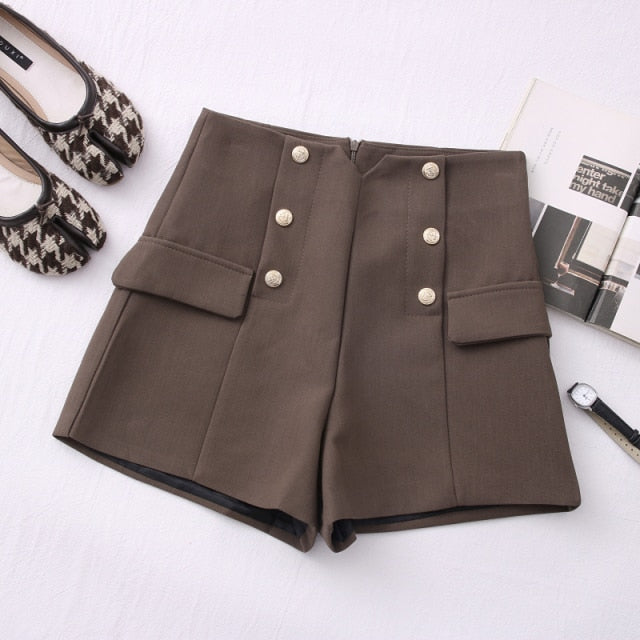 Casual Comfortable Elegant Shorts With Belt Women's Woolen Shorts-Shorts-Arimonz-Brown with Button-S-Arimonz