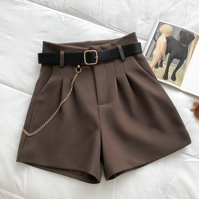 Casual Comfortable Elegant Shorts With Belt Women's Woolen Shorts-Shorts-Arimonz-Dark Brown Black Belt-S-Arimonz