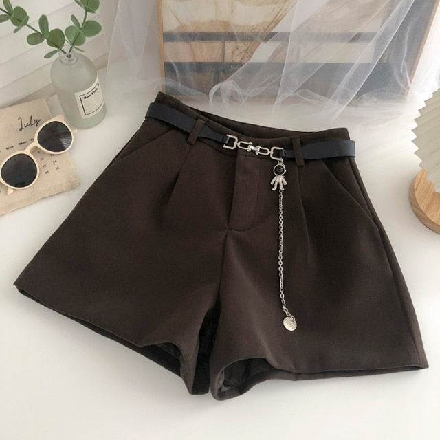 Casual Comfortable Elegant Shorts With Belt Women's Woolen Shorts-Shorts-Arimonz-Dark Brown with Belt-S-Arimonz