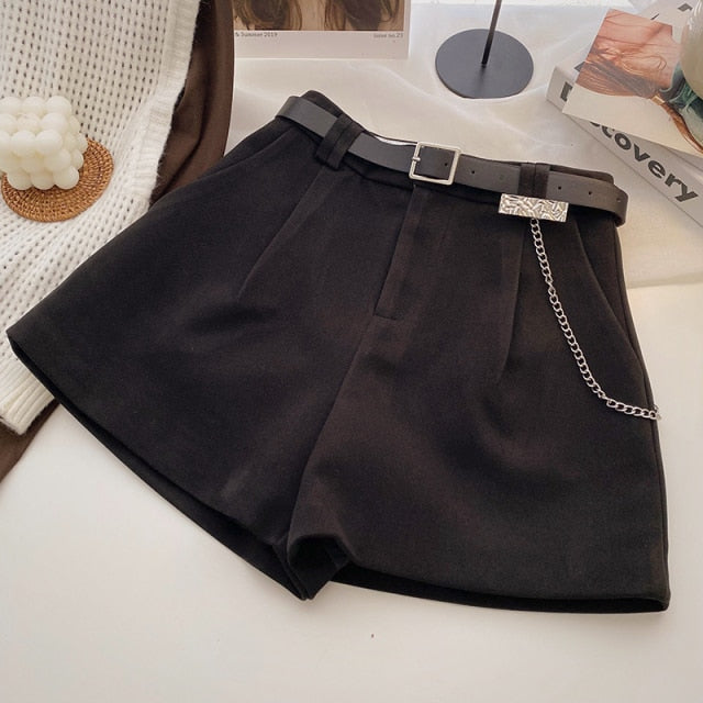 Casual Comfortable Elegant Shorts With Belt Women's Woolen Shorts-Shorts-Arimonz-Deep Black with Chain-S-Arimonz