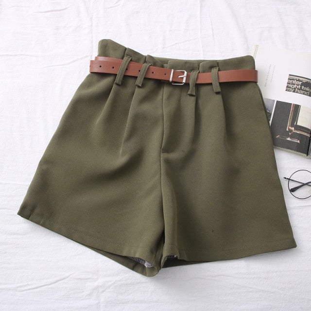 Casual Comfortable Elegant Shorts With Belt Women's Woolen Shorts-Shorts-Arimonz-Green Brown Belt-S-Arimonz