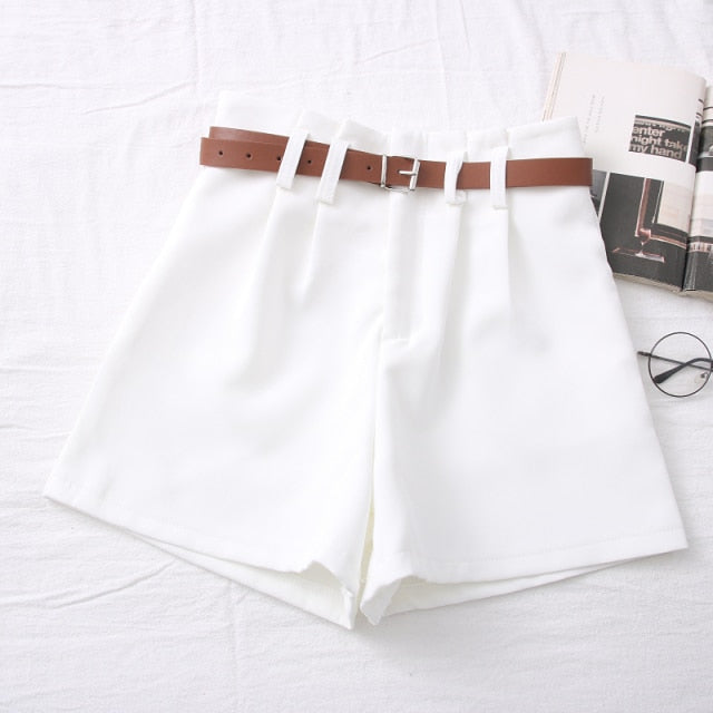 Casual Comfortable Elegant Shorts With Belt Women's Woolen Shorts-Shorts-Arimonz-White Brown Belt-S-Arimonz