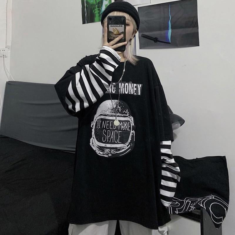 Casual Letter Print O-neck Stripe Tees Creativity Loose T-shirts-Tee-Arimonz-Arimonz