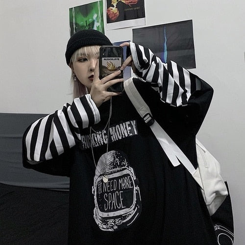 Casual Letter Print O-neck Stripe Tees Creativity Loose T-shirts-Tee-Arimonz-Black Stripes-M-Arimonz