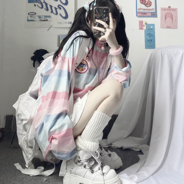Casual Letter Print O-neck Stripe Tees Creativity Loose T-shirts-Tee-Arimonz-Pastel Stripes-M-Arimonz