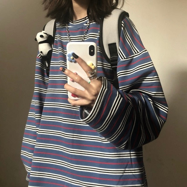 Casual Letter Print O-neck Stripe Tees Creativity Loose T-shirts-Tee-Arimonz-Stripes-M-Arimonz