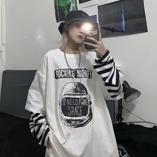 Casual Letter Print O-neck Stripe Tees Creativity Loose T-shirts-Tee-Arimonz-White Stripes-M-Arimonz