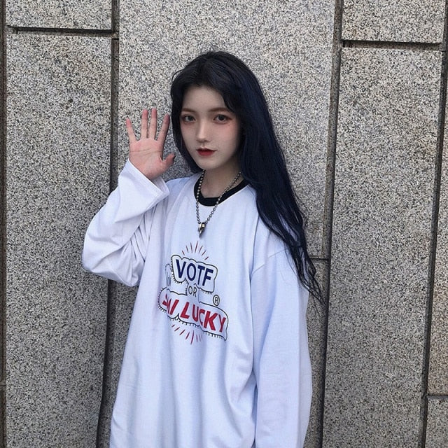 Casual Letter Print O-neck Stripe Tees Creativity Loose T-shirts-Tee-Arimonz-White with Print-M-Arimonz