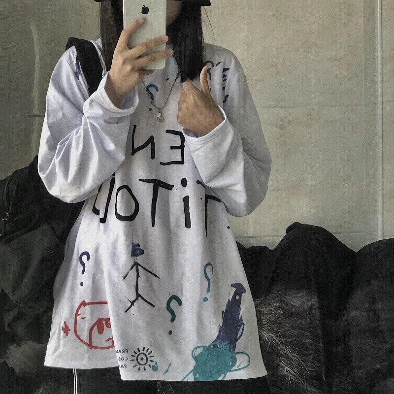Casual Letter Print O-neck Stripe Tees Creativity Loose T-shirts-Tee-Arimonz-Arimonz