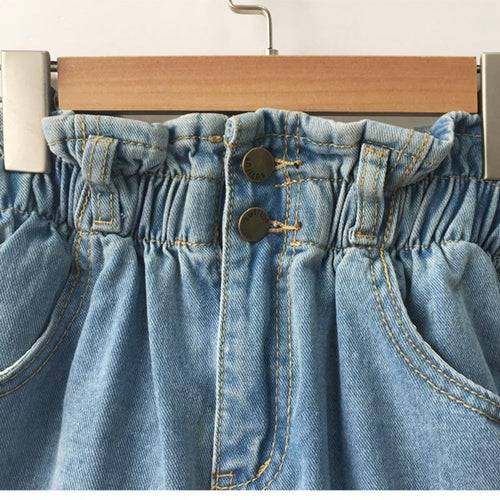 Casual Loose Roll Up Hem Elastic Waist Pocket High Waist Denim Shorts-Denim Shorts-Arimonz-Arimonz