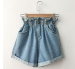 Casual Loose Roll Up Hem Elastic Waist Pocket High Waist Denim Shorts-Denim Shorts-Arimonz-Light Blue-S-Arimonz