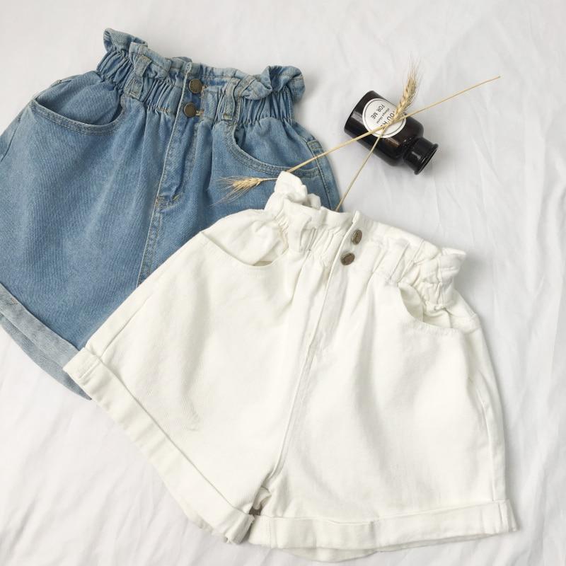 Casual Loose Roll Up Hem Elastic Waist Pocket High Waist Denim Shorts-Denim Shorts-Arimonz-White-S-Arimonz