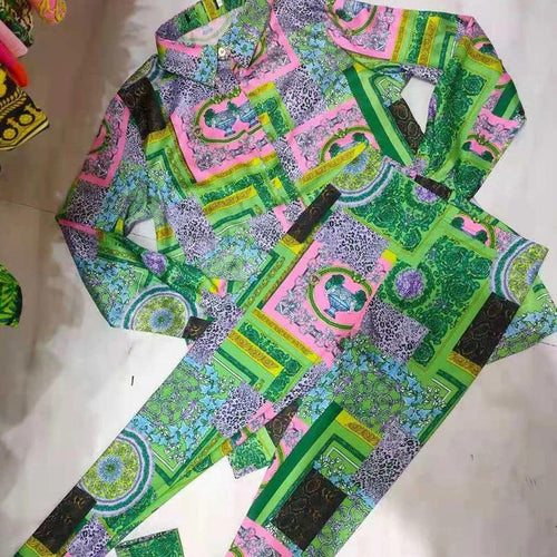 Casual Slim-fit Shirt Printed Leggings Pants Suit Women 2 Piece Set-Wear To Work Sets-Arimonz-Arimonz
