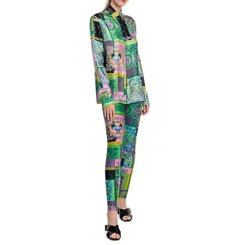 Casual Slim-fit Shirt Printed Leggings Pants Suit Women 2 Piece Set-Wear To Work Sets-Arimonz-S-Arimonz