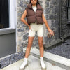 Casual Woman Short Puffer Vest Warm Double-Side Outwear-Bomber Coats-Arimonz-Brown-S-Arimonz