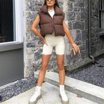Casual Woman Short Puffer Vest Warm Double-Side Outwear-Bomber Coats-Arimonz-Brown-S-Arimonz