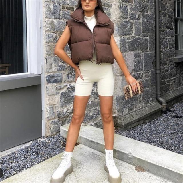 Casual Woman Short Puffer Vest Warm Double-Side Outwear-Bomber Coats-Arimonz-Brown-S-Arimonz