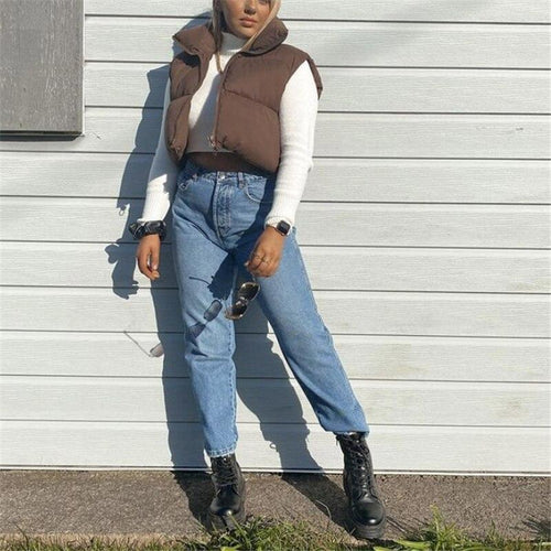 Casual Woman Short Puffer Vest Warm Double-Side Outwear-Bomber Coats-Arimonz-Arimonz