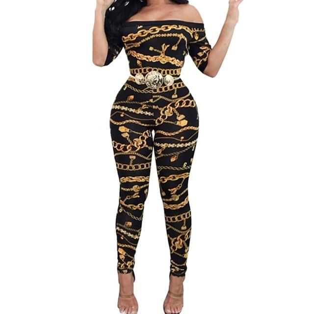 Chain Vintage Print High Waist Off Shoulder Jumpsuit Romper-Night Out Jumpsuits & Rompers-Arimonz-Arimonz