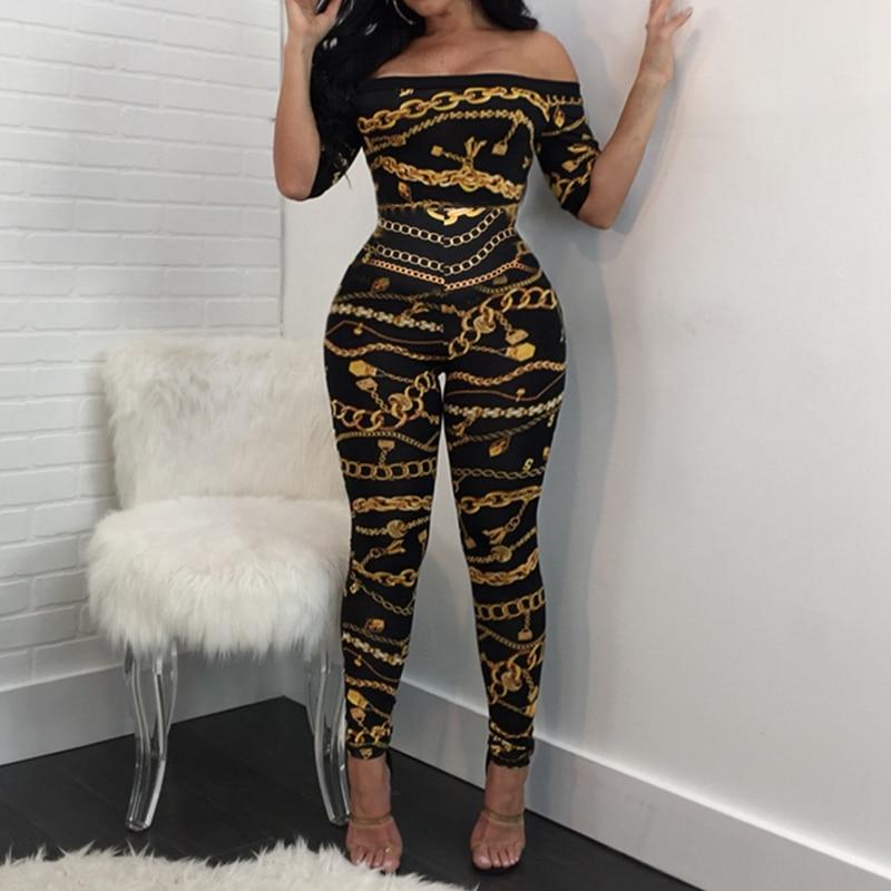 Chain Vintage Print High Waist Off Shoulder Jumpsuit Romper-Night Out Jumpsuits & Rompers-Arimonz-S-Arimonz