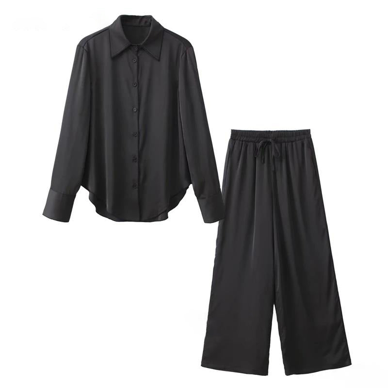 2pcs Pants Shirts Sets Fashion Solid Blouse Casual Turn Down Collar