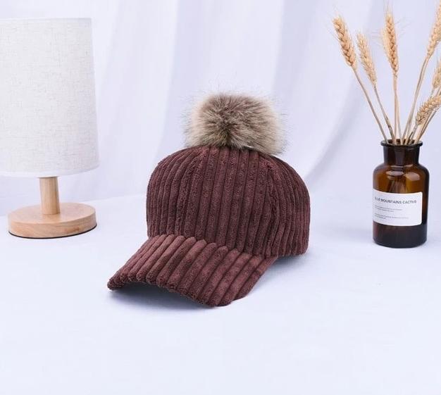 Corduroy Hair Ball Adjustable Hat-Hats-Arimonz-Brown-Arimonz