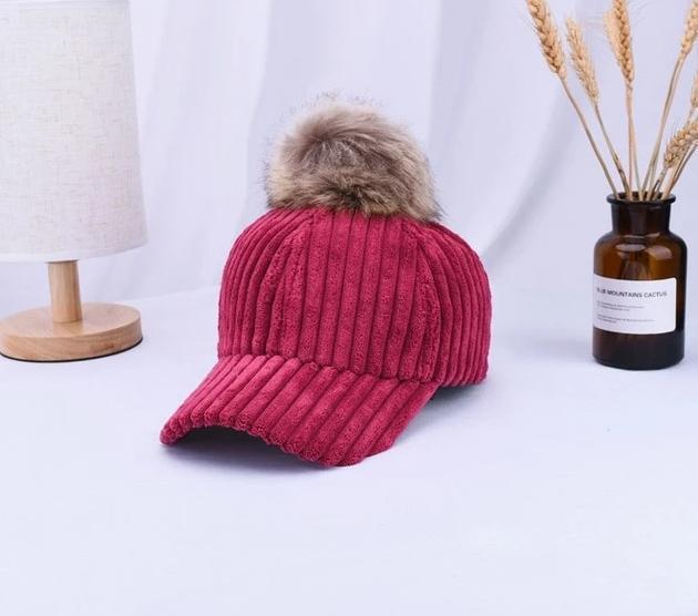 Corduroy Hair Ball Adjustable Hat-Hats-Arimonz-Burgundy-Arimonz
