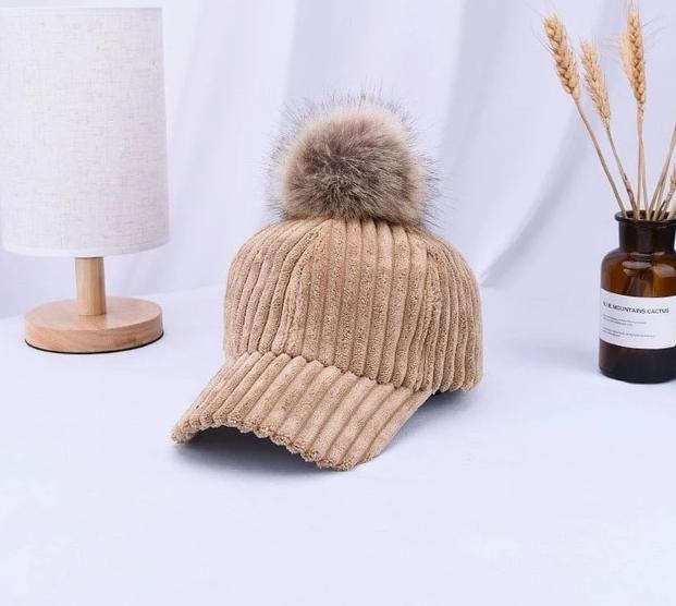 Corduroy Hair Ball Adjustable Hat-Hats-Arimonz-Khaki-Arimonz