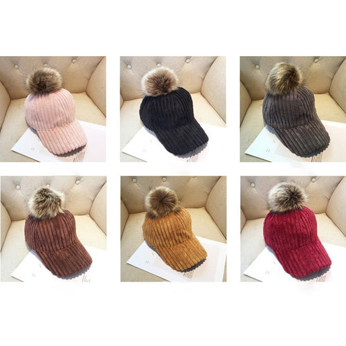 Corduroy Hair Ball Women Hat Cap Adjustable Baseball Caps Female Hat-Women's Caps-Arimonz-Arimonz