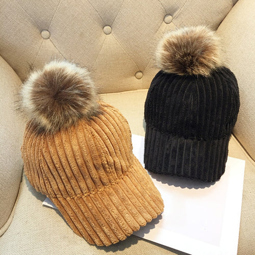 Corduroy Hair Ball Women Hat Cap Adjustable Baseball Caps Female Hat-Women's Caps-Arimonz-Arimonz
