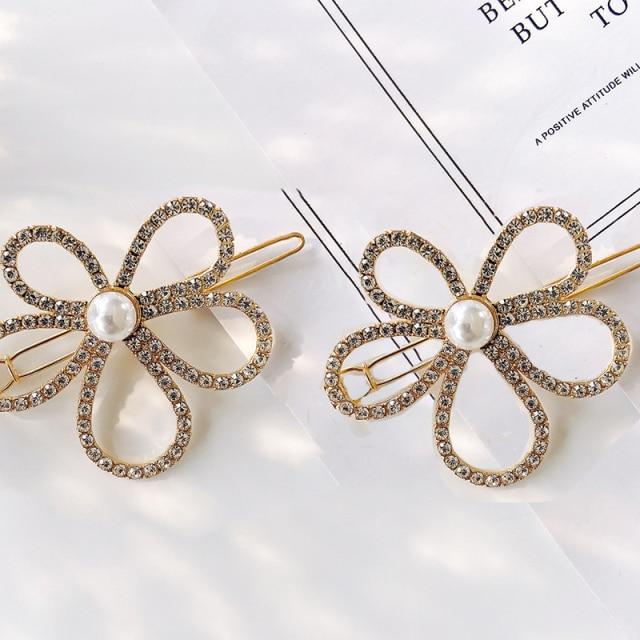 Crystal Flower Shape Hair Clip Pin Women Shiny Rhinestone Hair Clip-Hair Accessories-Arimonz-Two pearl flower-Arimonz