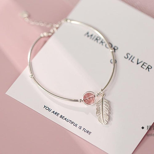 Crystal Round Bead Feather Charm Bracelet-Braceletes-Arimonz-Arimonz