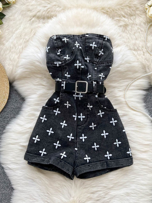 Denim Cross Print Women Jumpsuits Sashes Pocket High Street Romper-Casual Jumpsuits & Rompers-Arimonz-Arimonz
