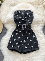Denim Cross Print Women Jumpsuits Sashes Pocket High Street Romper-Casual Jumpsuits & Rompers-Arimonz-black-S-Arimonz