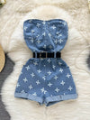 Denim Cross Print Women Jumpsuits Sashes Pocket High Street Romper-Casual Jumpsuits & Rompers-Arimonz-blue-S-Arimonz