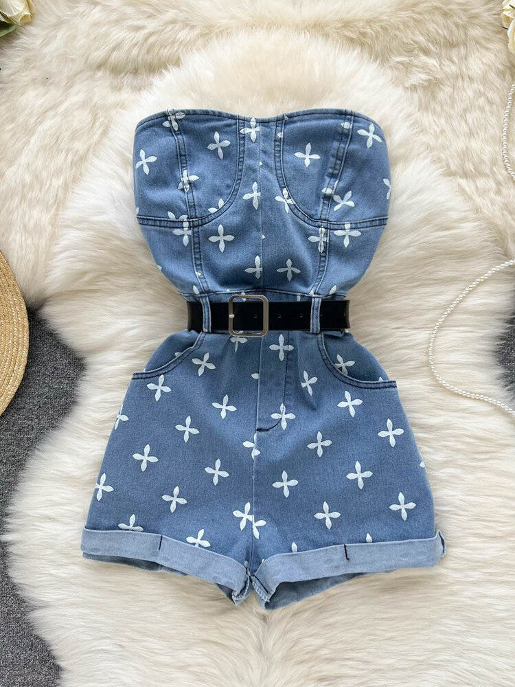 Denim Cross Print Women Jumpsuits Sashes Pocket High Street Romper-Casual Jumpsuits & Rompers-Arimonz-blue-S-Arimonz
