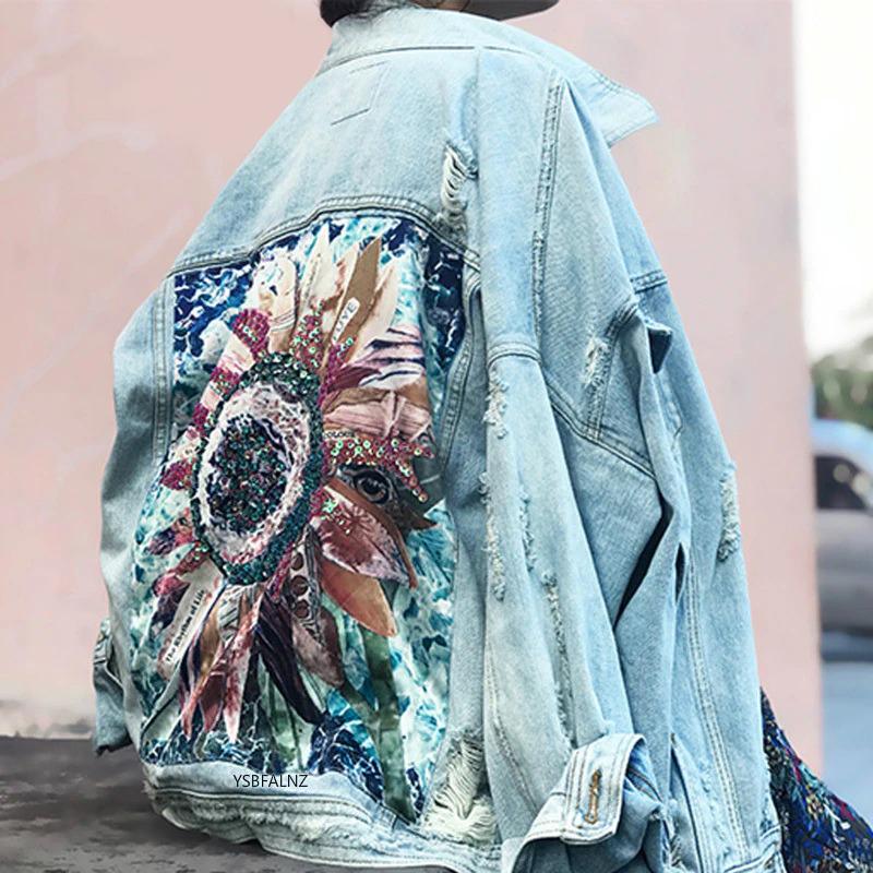 Denim Jacket Sequin Floral Appliques Embroidery Long Sleeve Outerwear-Jean Jackets-Arimonz-Arimonz