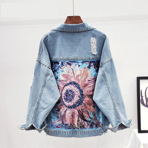 Denim Jacket Sequin Floral Appliques Embroidery Long Sleeve Outerwear-Jean Jackets-Arimonz-S-Arimonz