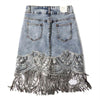 Denim Mini Skirts High Waist Blue Hip Jeans Beading Tassel Skirt-Denim Skirts-Arimonz-Arimonz