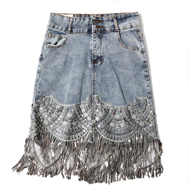 Denim Mini Skirts High Waist Blue Hip Jeans Beading Tassel Skirt-Denim Skirts-Arimonz-S-Arimonz