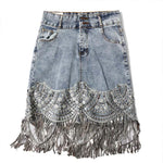 Denim Mini Skirts High Waist Blue Hip Jeans Beading Tassel Skirt-Denim Skirts-Arimonz-S-Arimonz