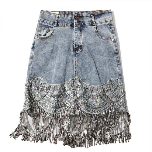 Denim Mini Skirts High Waist Blue Hip Jeans Beading Tassel Skirt-Denim Skirts-Arimonz-S-Arimonz