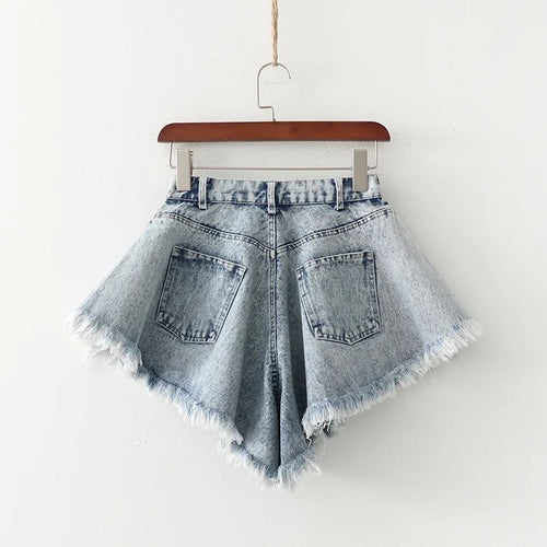 Denim Shorts Loose Wide Leg Denim Shorts Ripped Tasseled Retro Shorts-Denim Shorts-Arimonz-Arimonz