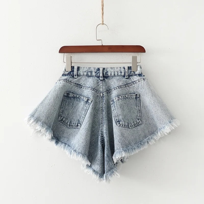 Denim Shorts Loose Wide Leg Denim Shorts Ripped Tasseled Retro Shorts-Denim Shorts-Arimonz-Arimonz